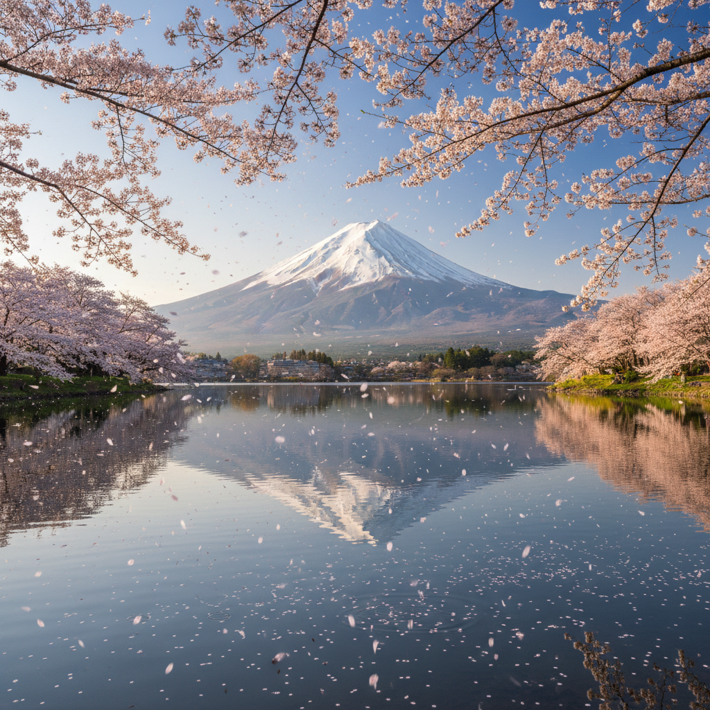 벚꽃이 만개한 봄날, 후지산이 배경으로 보이는 시즈오카현의 한적한 호숫가 풍경을 담은 고해상도 사진. 호수 표면에 비친 후지산의 대칭적인 모습과 분홍빛 벚꽃잎이 흩날리는 평화로운 분위기.