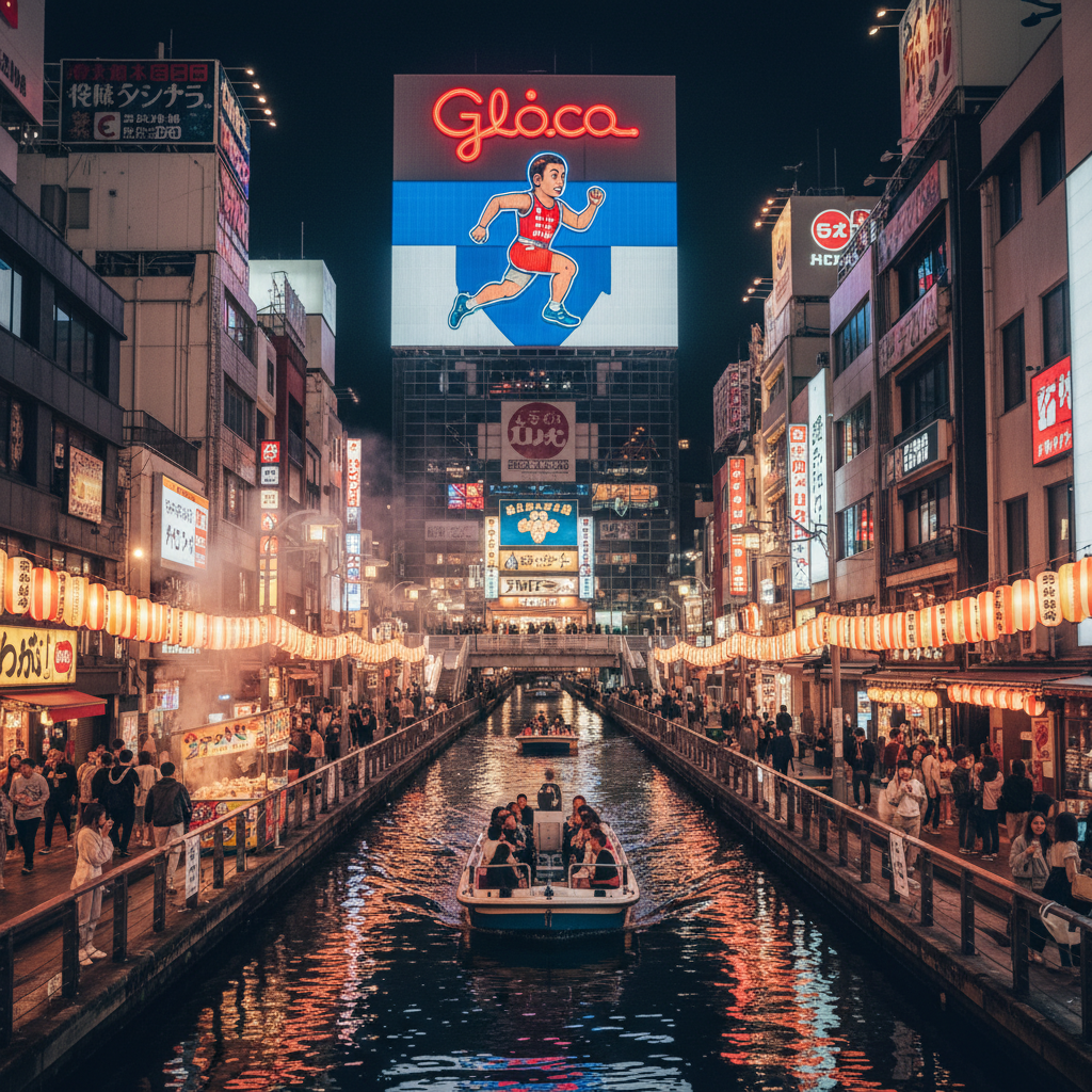 오사카 도톤보리의 활기찬 밤거리 풍경. 글리코상 간판과 운하 주위의 화려한 조명들이 수면에 반사되는 모습, 거리 음식을 즐기는 관광객들로 붐비는 활기찬 도시의 에너지.
