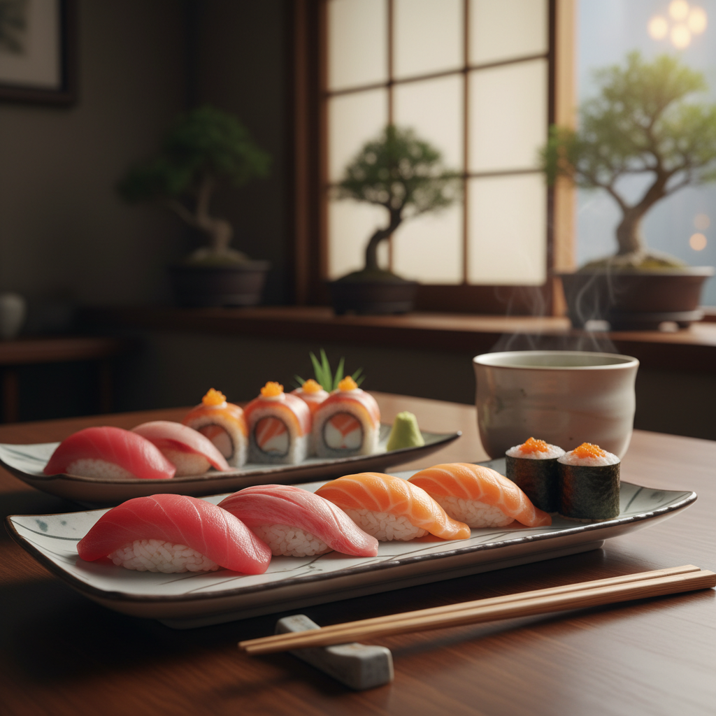갓 만들어진 프리미엄 스시 세트가 정갈하게 차려진 일본 정통 식당의 테이블 사진. 신선한 참치와 연어의 질감이 살아있는 근접 촬영으로, 나무 젓가락과 따뜻한 녹차 한 잔이 곁들여진 고화질 음식 사진.
