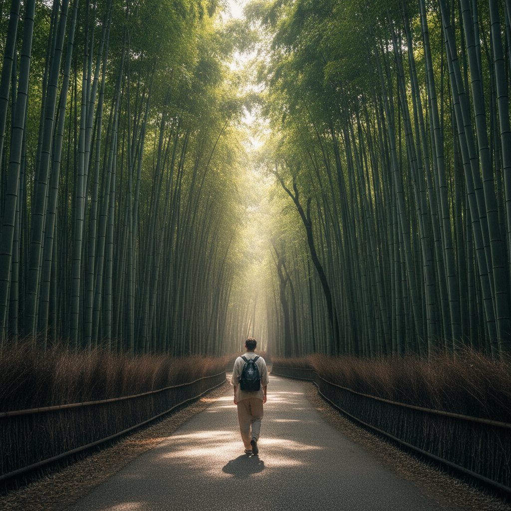 교토 아라시야마의 울창한 대나무 숲(치쿠린) 오솔길. 높은 대나무 사이로 쏟아지는 햇살(코모레비)과 정적만이 감도는 숲길을 걷는 여행자의 뒷모습을 담은 힐링 테마의 이미지.